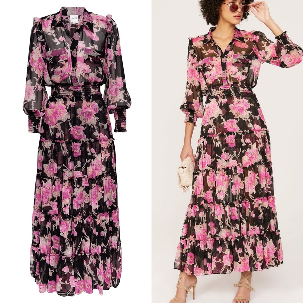 Misa Floral Pink and Black Maxi Dress